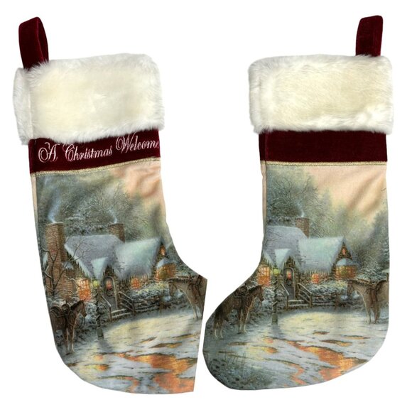 Thomas Kinkade Christmas Stocking 18" With Fur Cuff & Deer Scene Holiday Decor - Picture 1 of 5